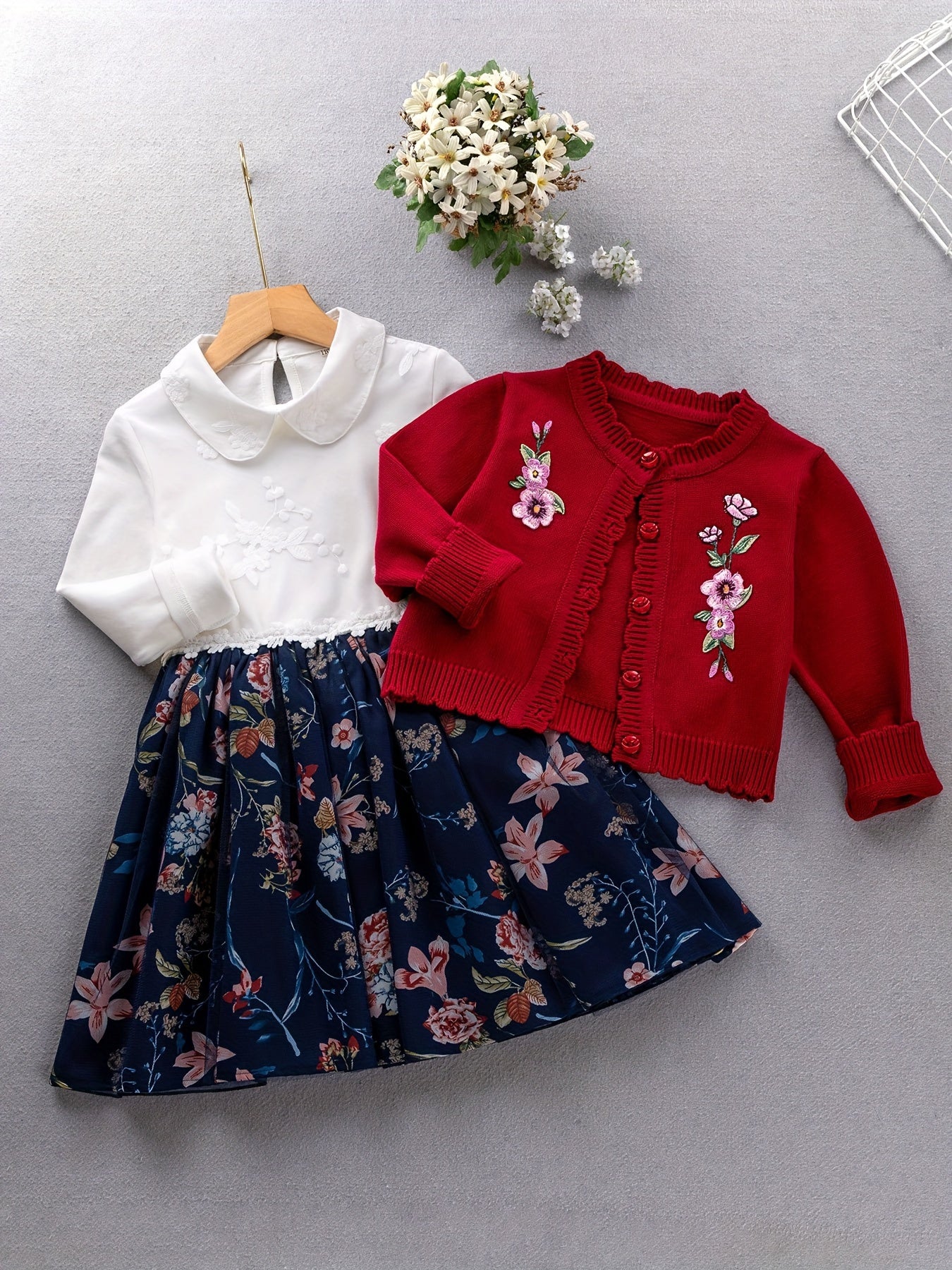 2PCS, 57% cotton Girl's Princess-Style Doll Collar Dress + Long-Sleeve Knit Cardigan - Comfy Fit And Fashion Design - Spring & Fall Clothes, Gift