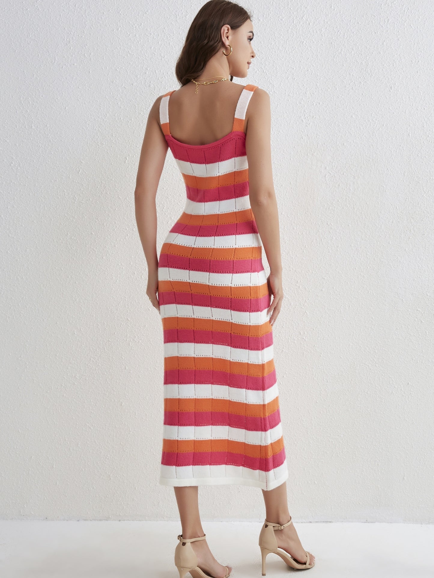 Vibrant Color Block Striped Midi Dress - Backless, Bodycon, Vacation-Ready, Womens Fashion Clothing - Perfect for Summer Getaways