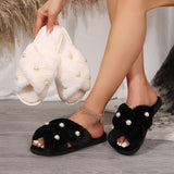 Women's Faux Fur Slides With Elegant Faux Pearls, Comfy Open Toe House Slippers For Indoor/Outdoor Use, Fashionable Crisscross Bands Slip-On Footwear, Winter & Autumn