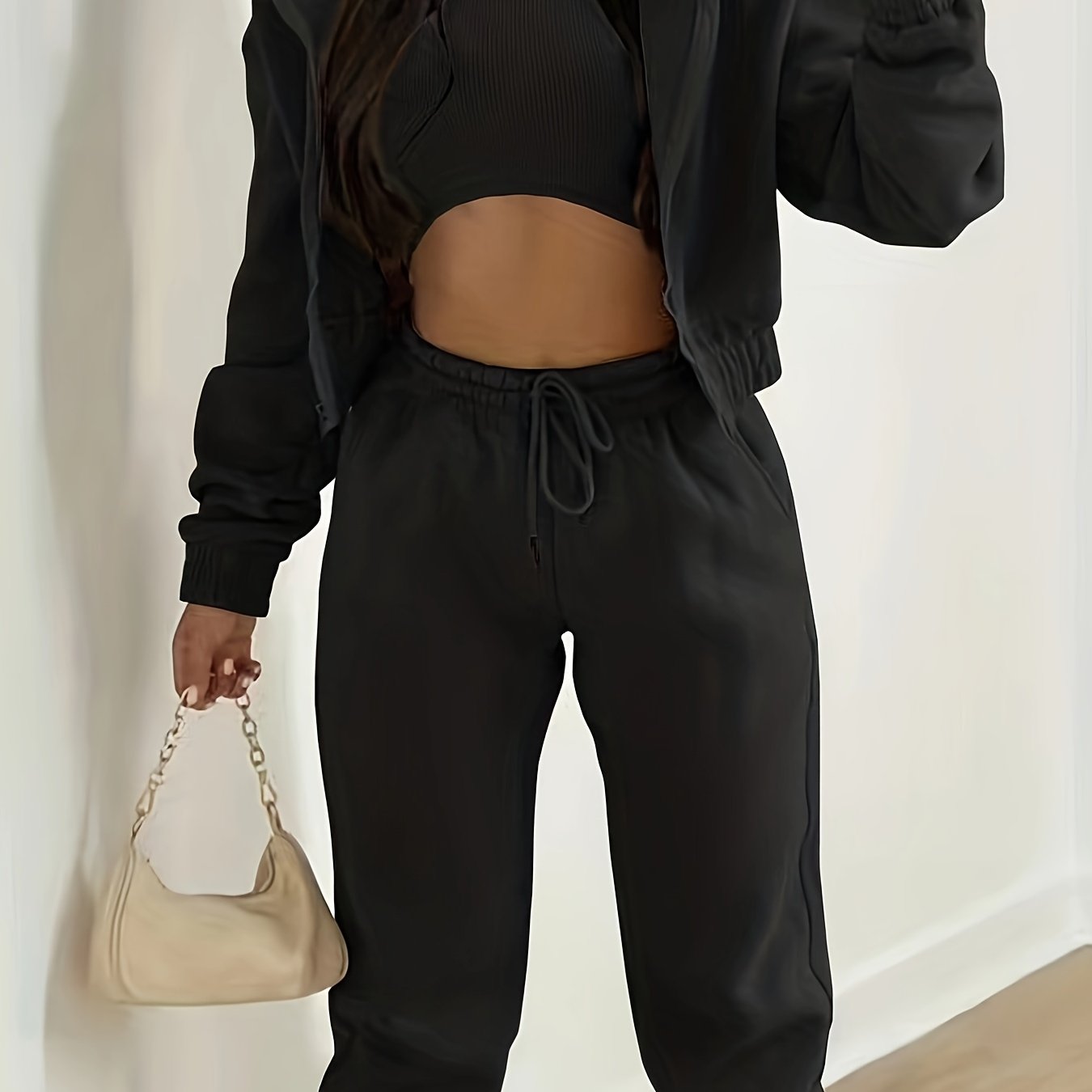 Solid Casual Three-piece Set, Zip Up Hooded Jacket & Sleeveless Crew Neck Tank Top & Drawstring Elastic Waist Jogger Pants Outfits, Women's Clothing