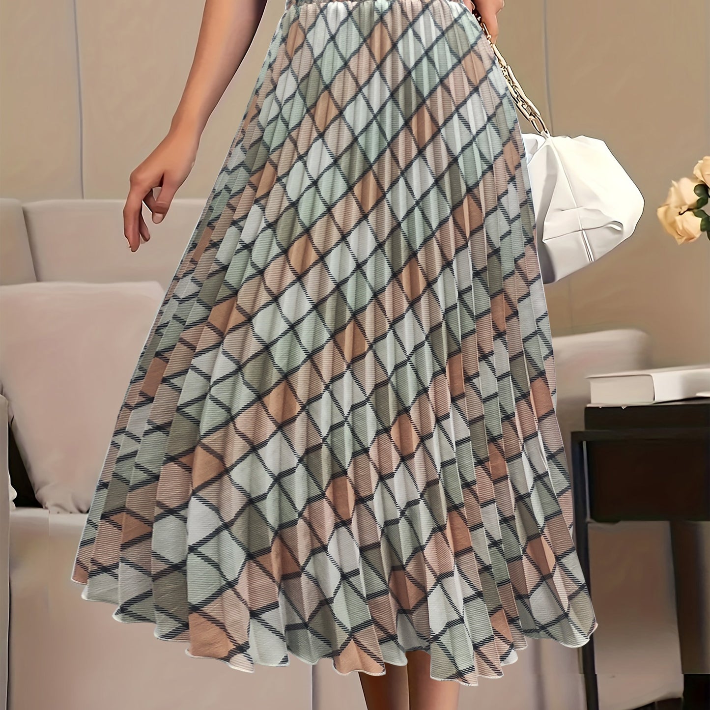 Plus Size Casual Skirt, Women's Plus Argyle Print Elastic High Rise Pleated Maxi Skirt