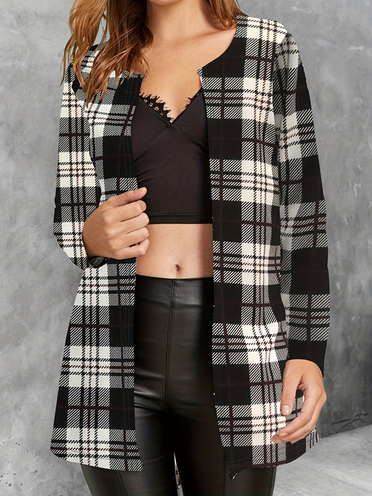 dunnmall  Plaid Print Crew Neck Jacket, Casual Long Sleeve Outerwear For Fall, Women's Clothing