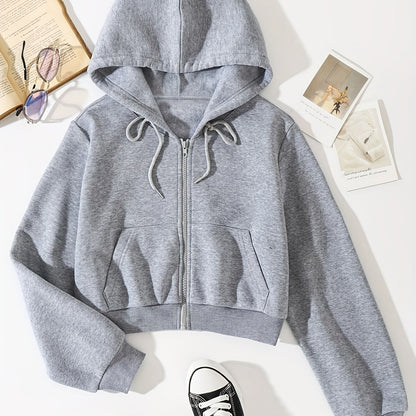 dunnmall  Solid Color Fleece Hooded Sweatshirt With Zipper, Drawstring Front Pocket Pullover Crop Sports Zipper Hoodie, Women's Sporty Sweatshirts