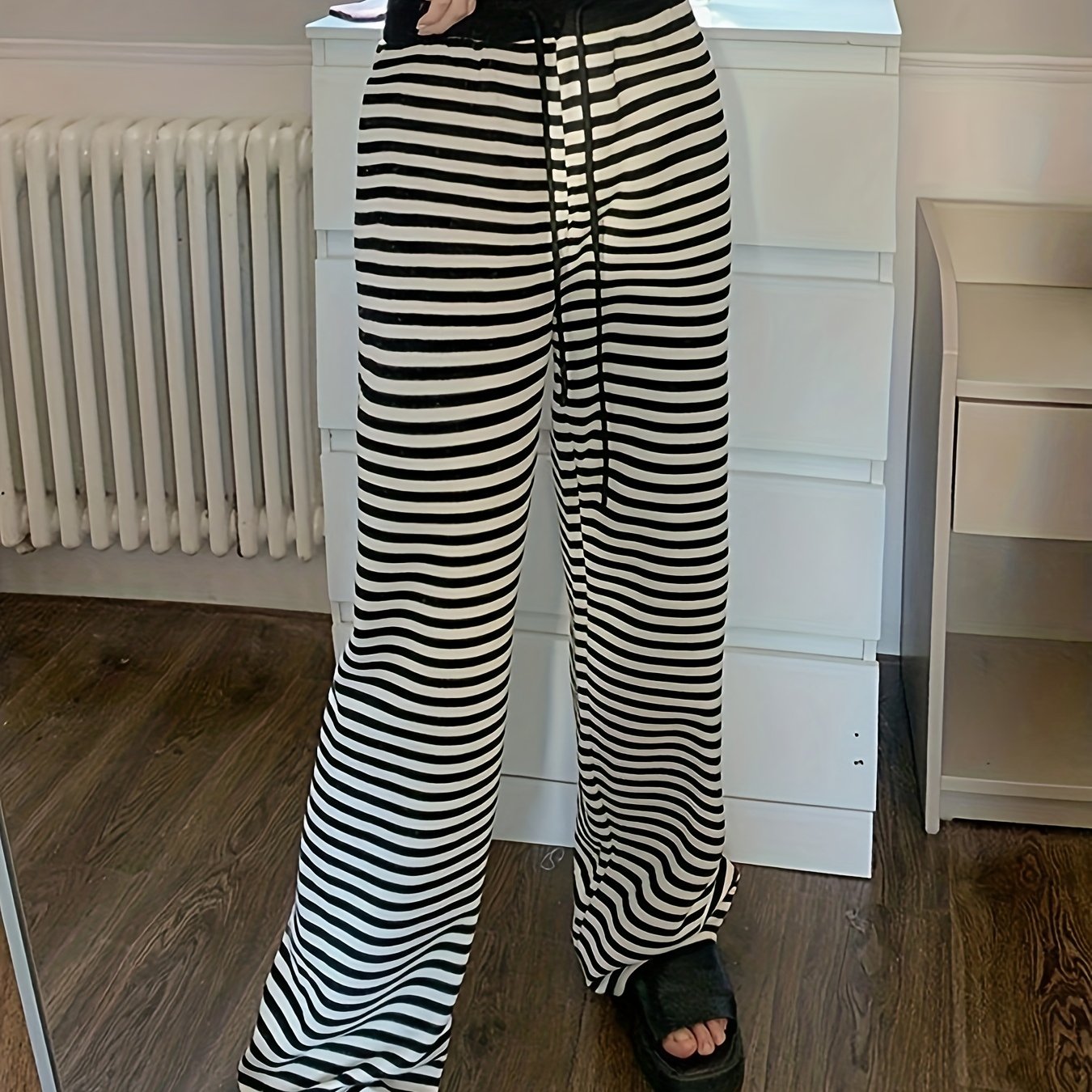 dunnmall  Striped Print Drawstring Waist Pants, Casual Comfy Wide Leg Pants, Women's Clothing