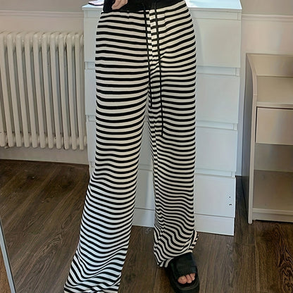 dunnmall  Striped Print Drawstring Waist Pants, Casual Comfy Wide Leg Pants, Women's Clothing