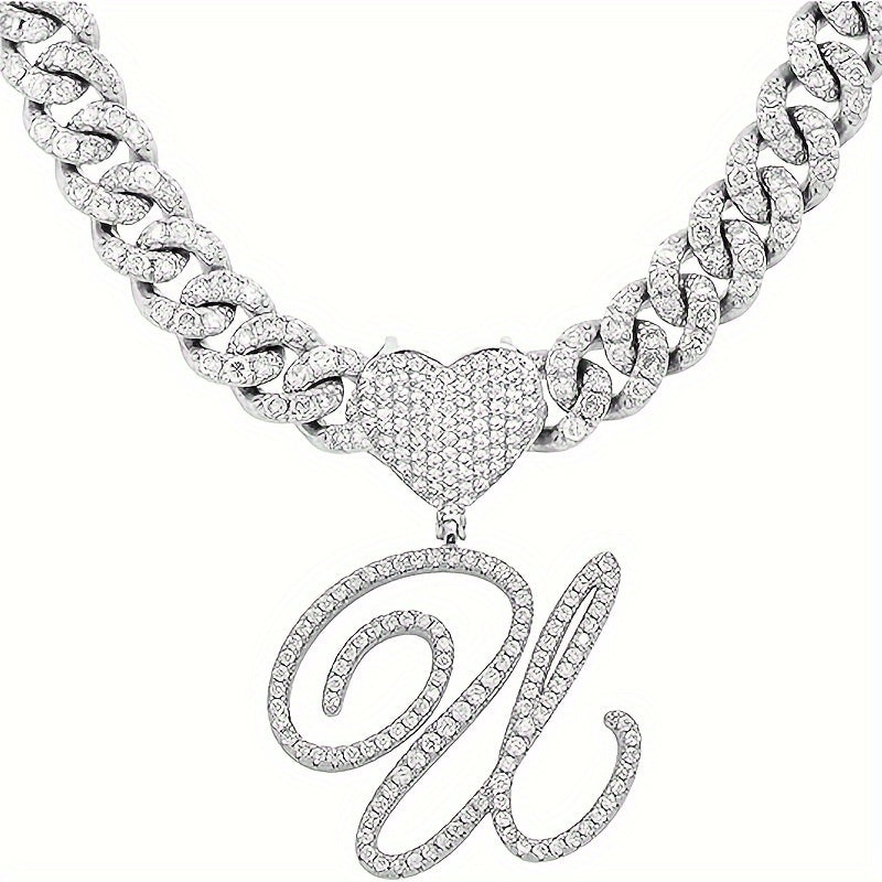 1 Piece Initial Necklace Men Women Silvery Cuban Chain Ice Rhinestone With Heart Shaped Letter Pendant Necklace Hip Hop Jewelry Gift