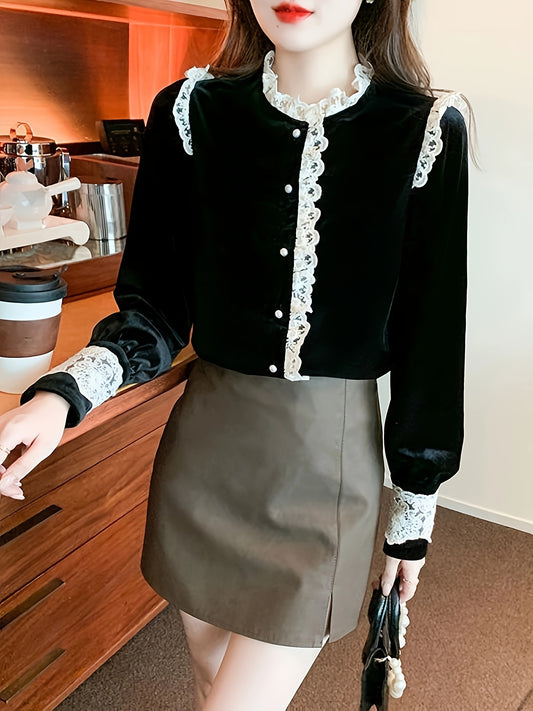 xieyinshe Lace Stitching Single Button Blouse, Vintage Velvet Long Sleeve Blouse For Spring & Fall, Women's Clothing