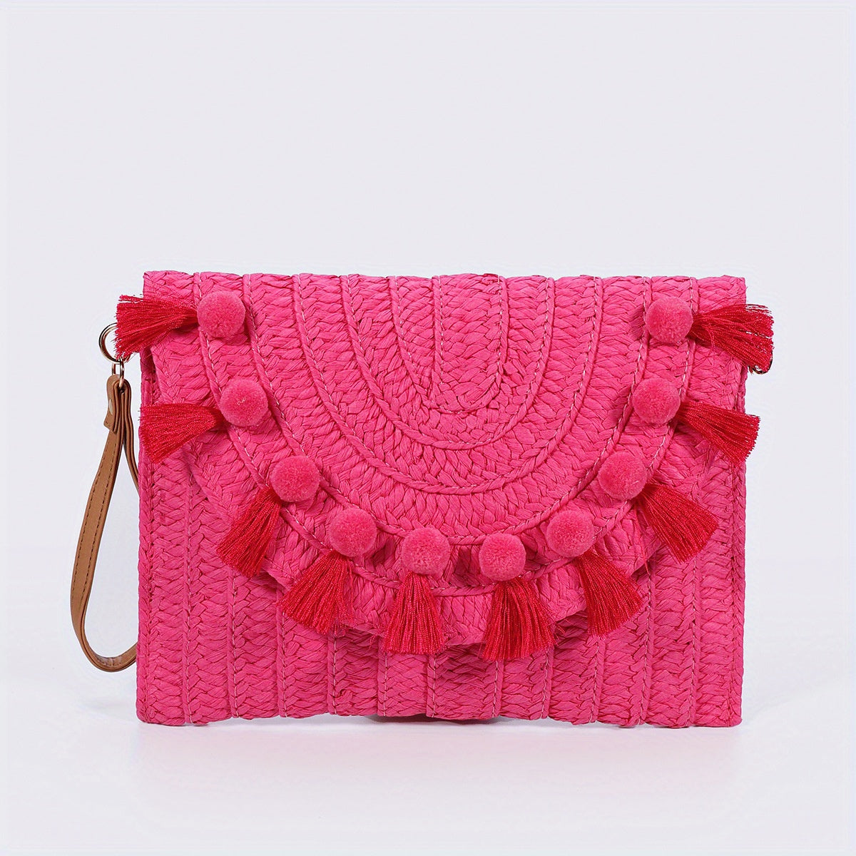 Stylish Rattan Envelope Clutch Bag - Buckle Closure, Polyester Lining, Plastic Material, Perfect for Summer Beach Travel and Vacation - Womens Wrist Bag for Everyday Use