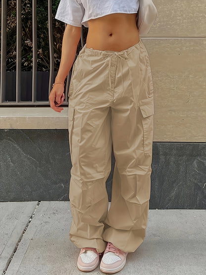 Y2K Loose Drawstring Cargo Pants, Casual Pocket High Waist Solid Wide Leg Fashion Comfy Pants, Women's Clothing