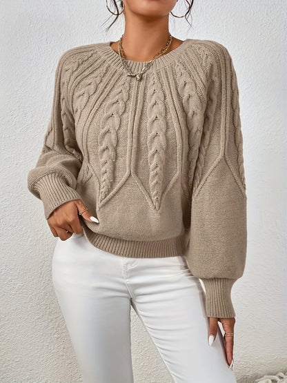 dunnmall  Solid Cable Knit Sweater, Casual Crew Neck Long Sleeve Sweater, Women's Clothing