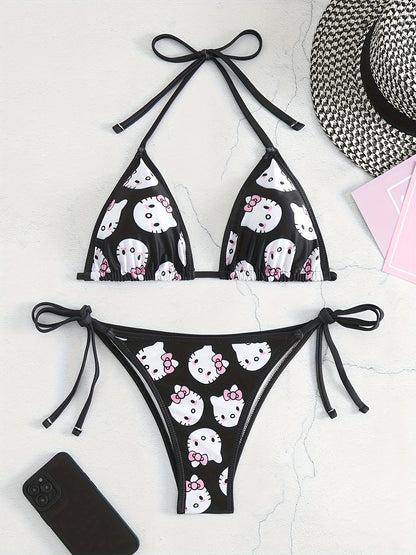 Two-Piece Cartoon Print Bikini Set for Small Busts - Adjustable Tie Halter Neck, Side Ties, Flattering Fit, Slight Stretch Polyester Fabric, Random Cartoon Print, Sleeveless, Knit Fabric, Perfect for Swimming - Sanrio-Inspired, Cute, Flattering Beach Swim