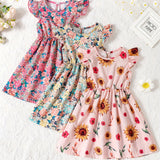 3pcs Charming Floral Midi Dresses for Girls - Crew Neck, Ruffle Sleeve, A-line, Non-Stretch Woven Fabric, Regular Fit, Perfect for Summer Vacation and Casual Wear