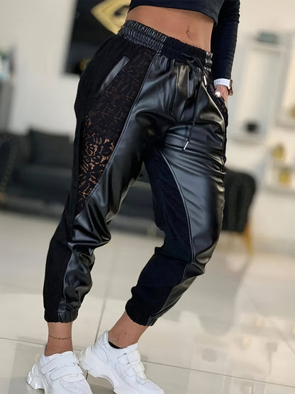 Lace Solid Pants, Casual Every Day Pants For Spring & Fall, Women's Clothing