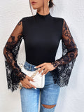 dunnmall  Contrast Lace Mock Neck Bodysuit, Elegant Bell Sleeve Sheer Bodysuit, Women's Clothing