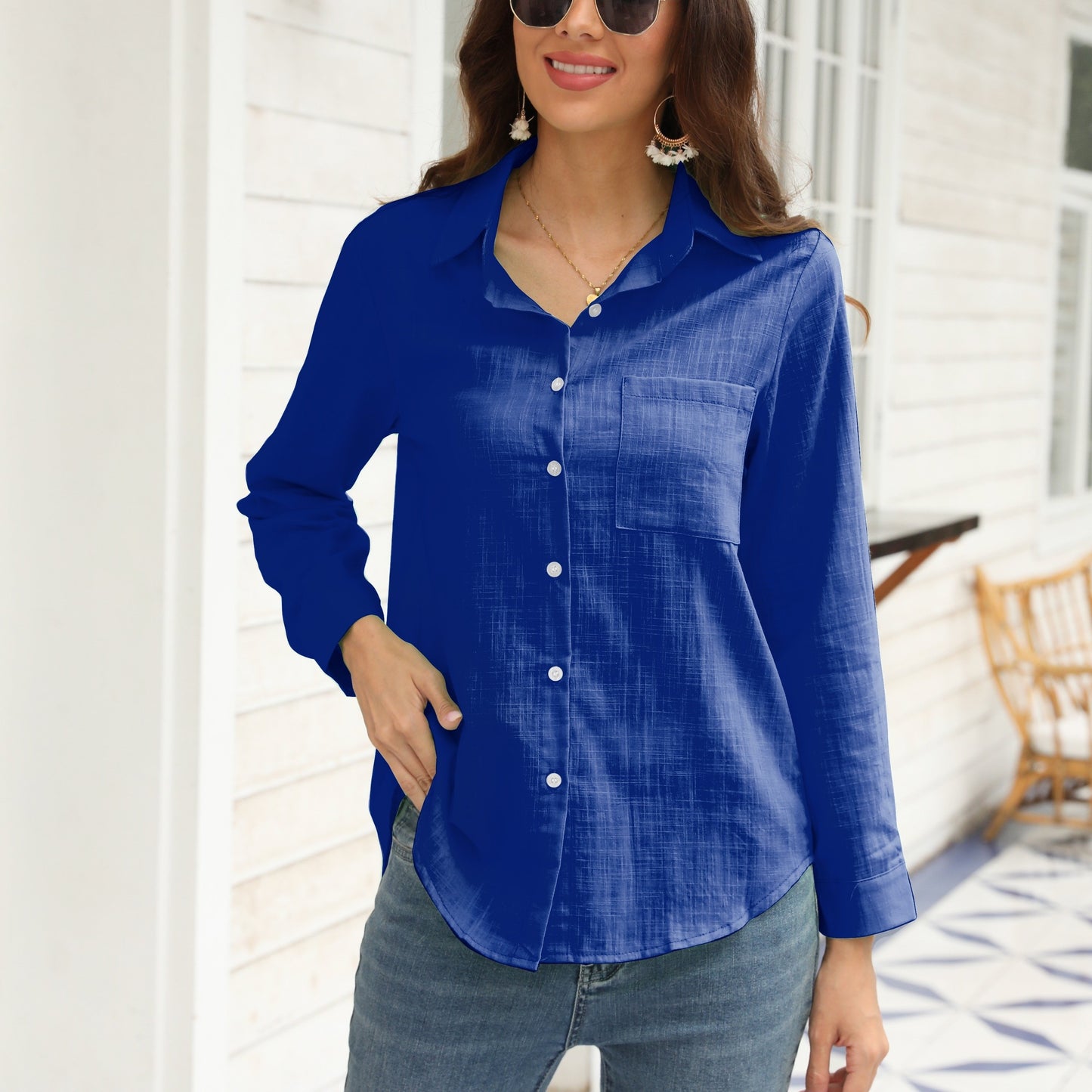 Long Sleeve Button Up Shirt, Pocket Casual Every Day Top For Spring & Fall, Women's Clothing