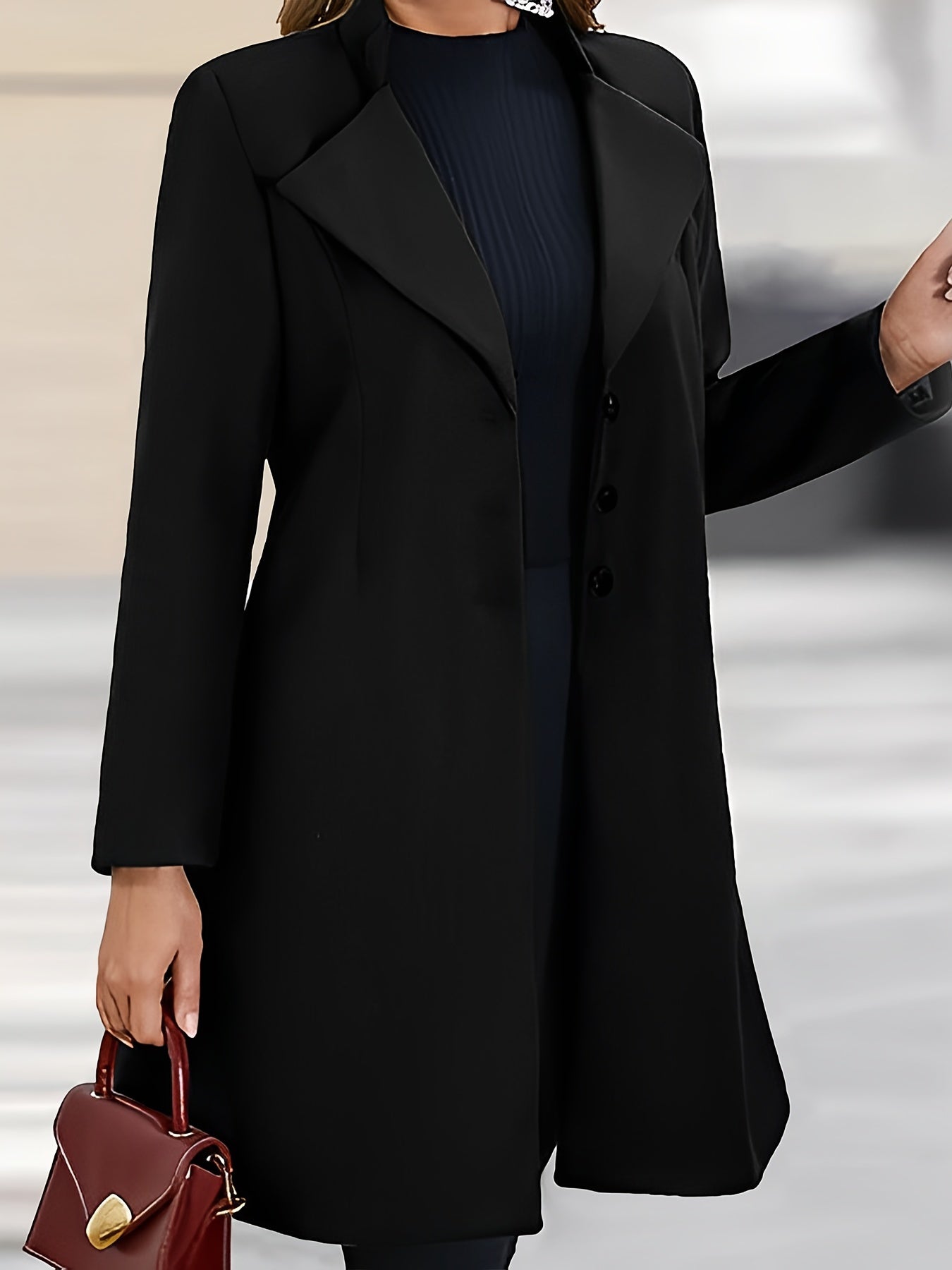 Solid Single Breasted Lapel Overcoat, Versatile Long Sleeve Overcoat, Women's Clothing