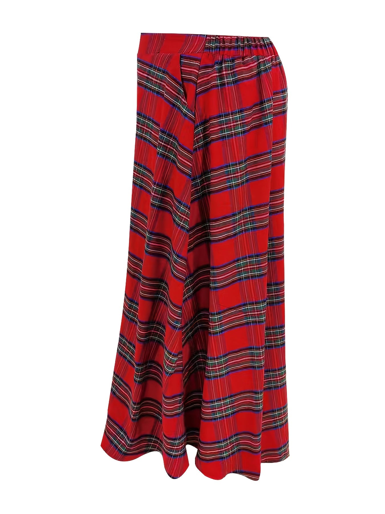 dunnmall  Plus Size Preppy Skirt, Women's Plus Plaid Print Elastic Waisted A-line Swing Skirt With Pockets