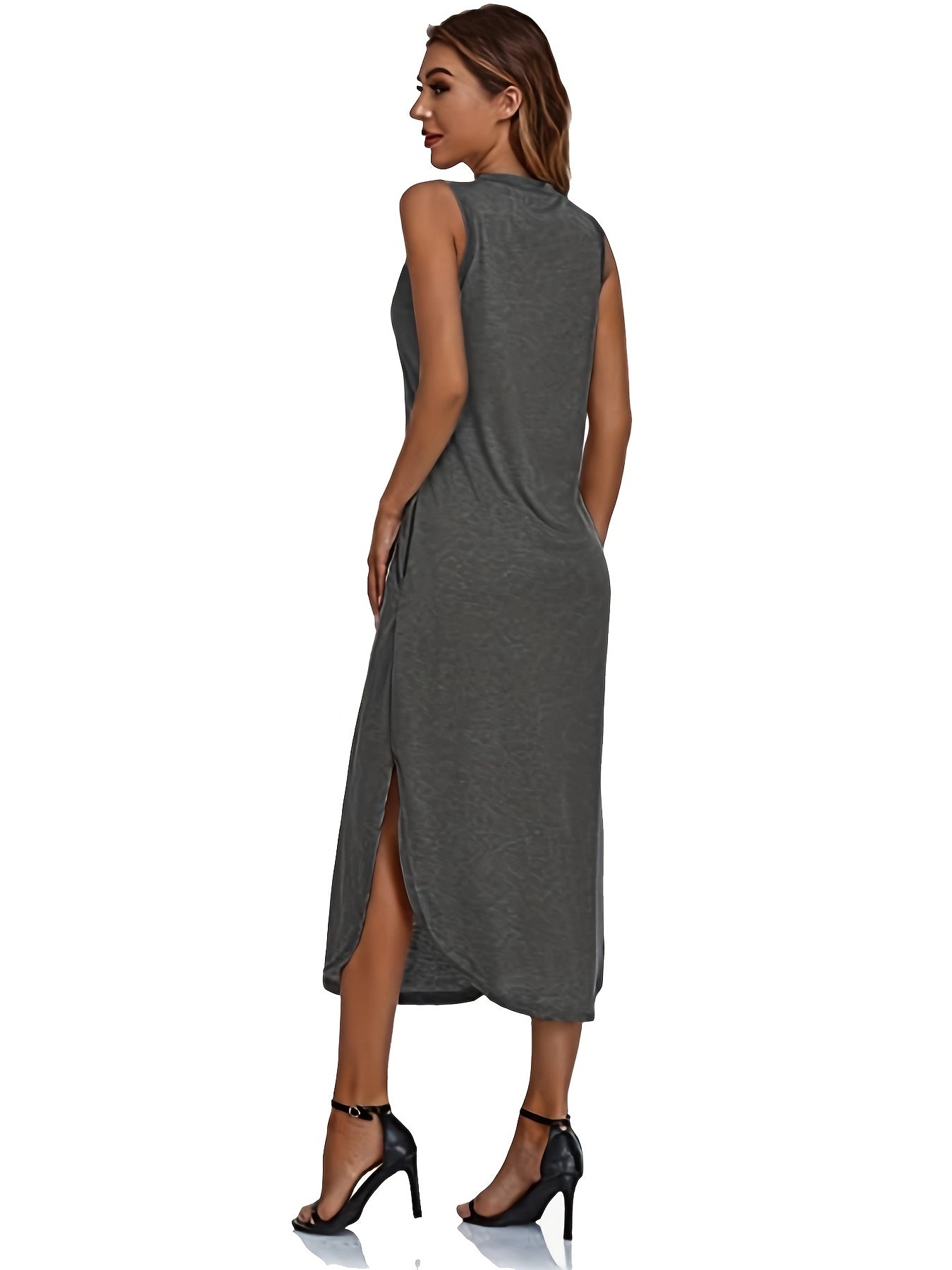 dunnmall  Solid Split Tank Dress, Casual Crew Neck Sleeveless Maxi Dress, Women's Clothing