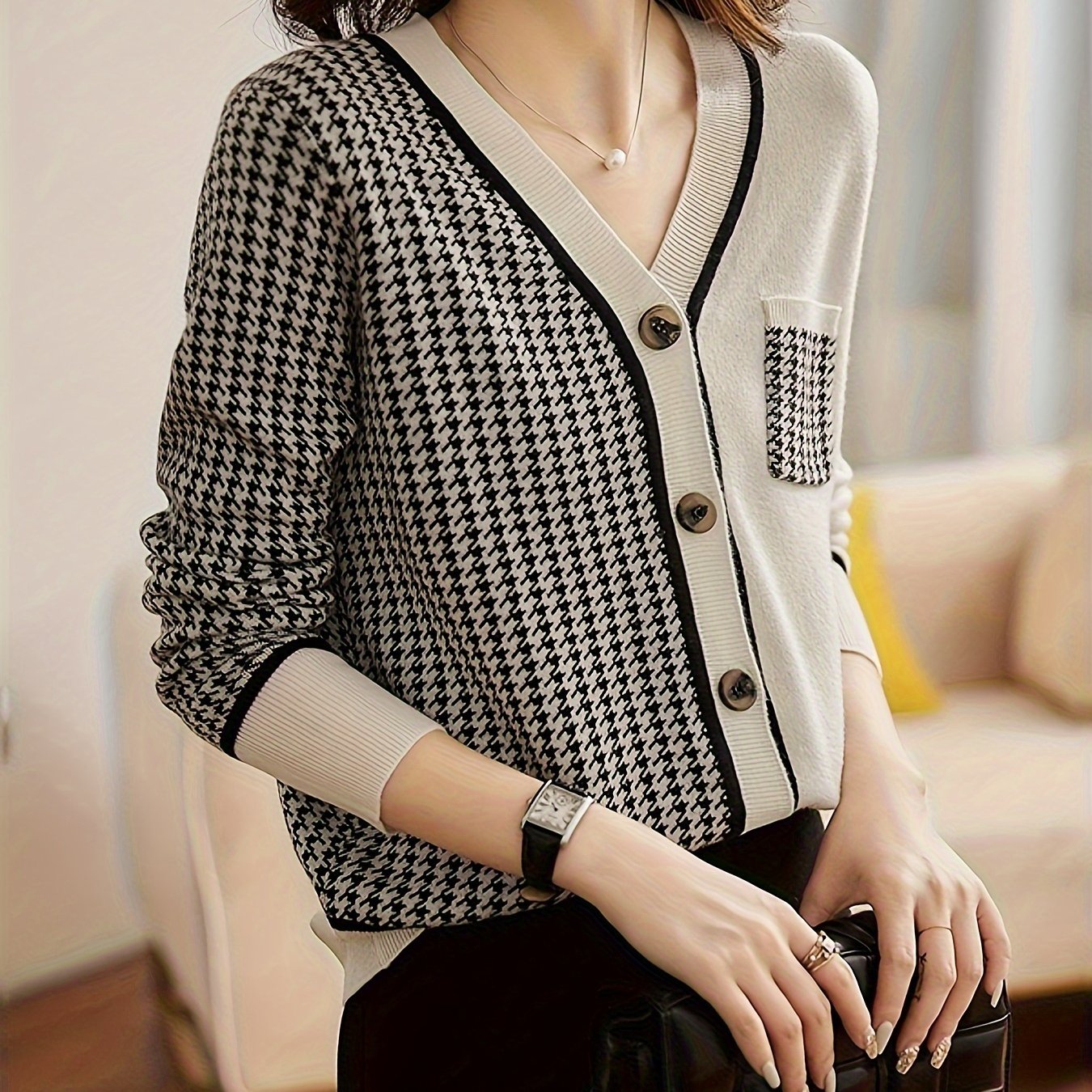 dunnmall Houndstooth Button Down Knit Cardigan, Casual Long Sleeve V Neck Slim Sweater, Women's Clothing