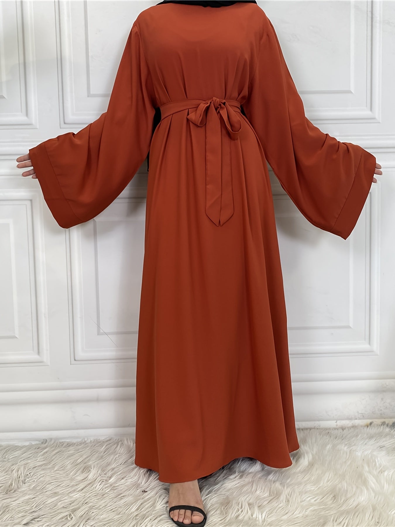 Solid Long Sleeve Tie Waist Crew Neck Dress, Elegant Ruffled Hem Maxi Dress, Women's Clothing