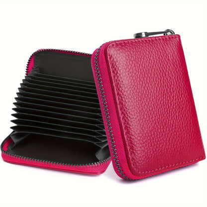 Slim Genuine Leather RFID Blocking Accordion Credit Card Holder Wallet for Women - Zipper Closure, Polyester Lining, Slit Pocket, Casual Style, No Printing - Perfect for Carrying Multiple Cards and Cash