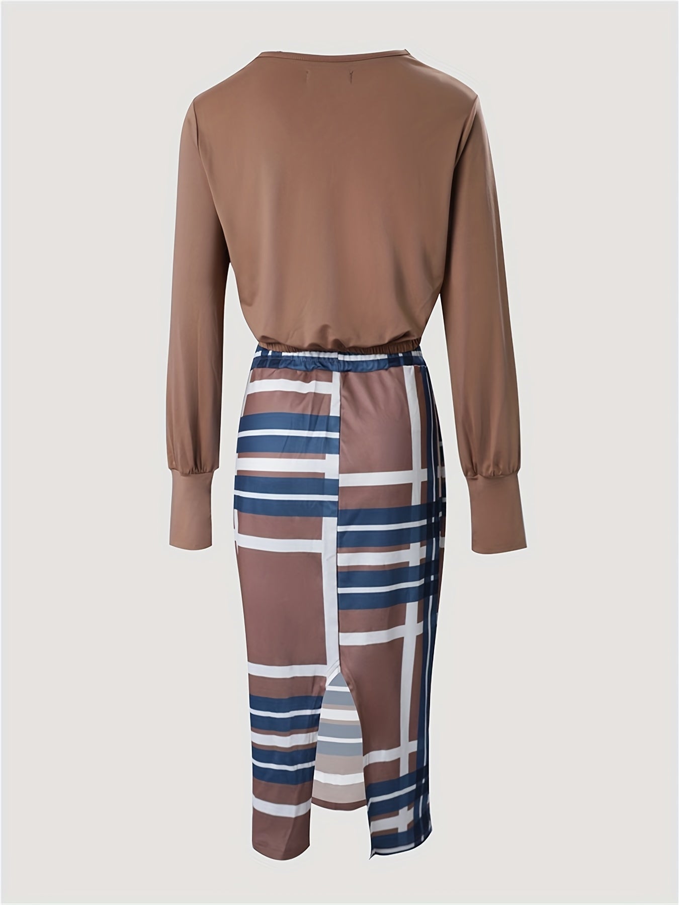 dunnmall  Casual Spring & Fall Two-piece Set, Solid Long Sleeve Tops & Plaid Print Split Skirts Outfits, Women's Clothing