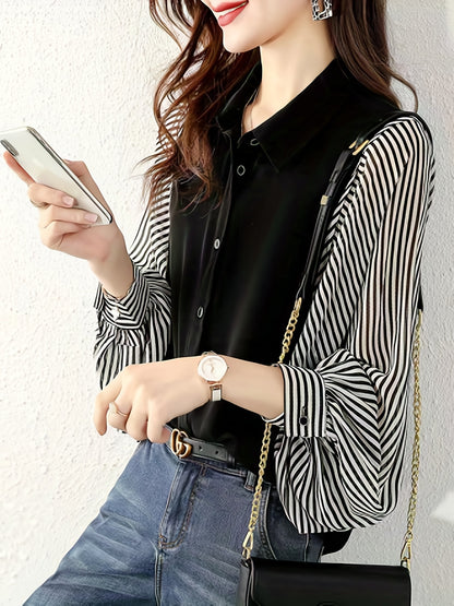 dunnmall  Striped Print Splicing Shirt, Casual Button Front Long Sleeve Shirt, Women's Clothing