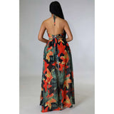 Elegant Women Floral Halter V Neck Backless Cut Out Waist Chain Sleeveless High Side Split Fit Flare Maxi Long Dresses