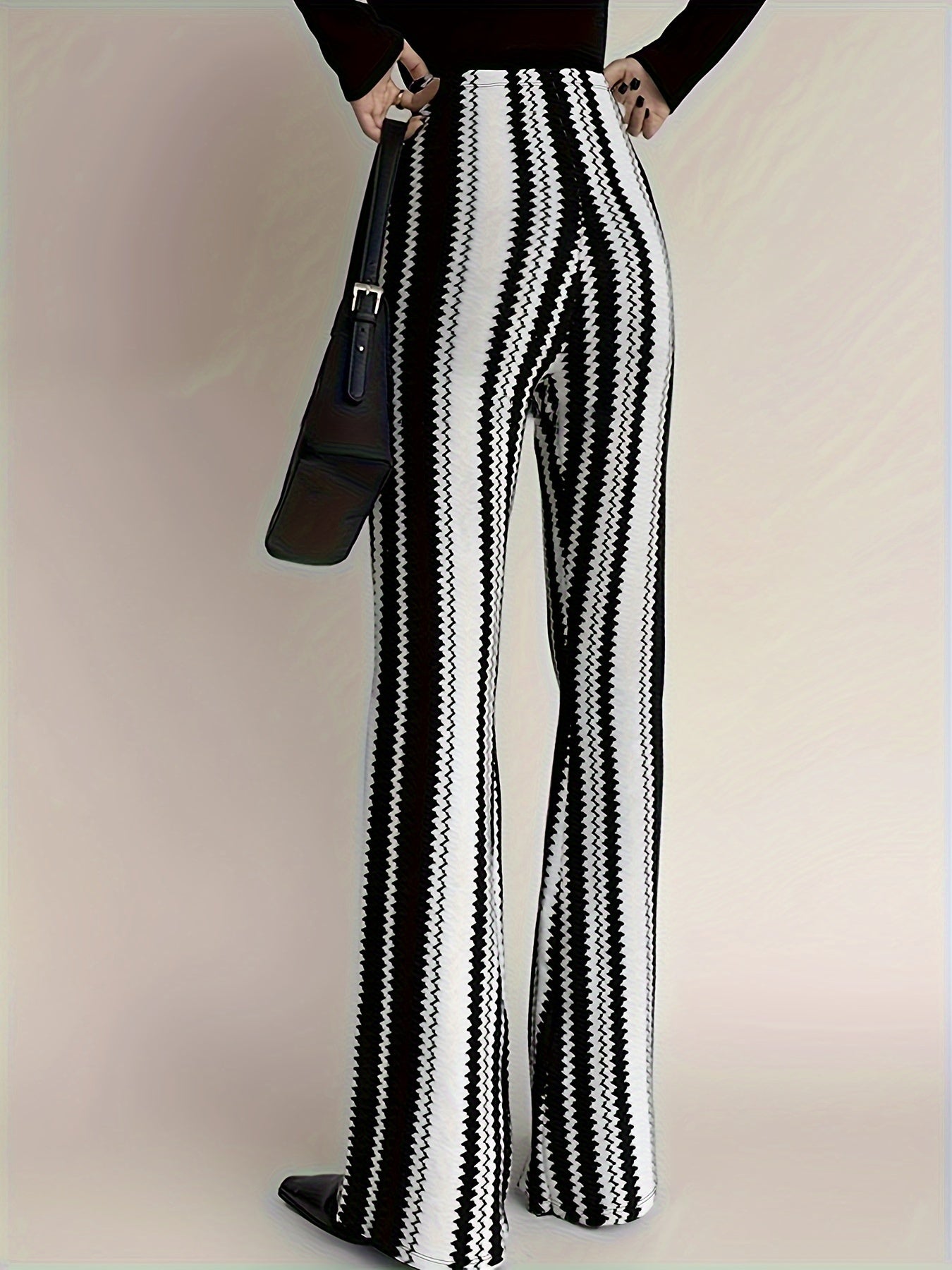 Striped Print Flared Leg Pants, Elegant High Waist Slim Pants, Women's Clothing