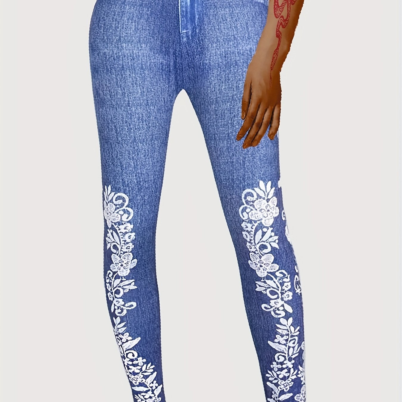 dunnmall  Floral & Denim Print Leggings, Skinny Casual Leggings, Women's Clothing