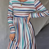 dunnmall  Women's Dresses Striped Casual Flowy Long Sleeve Waist Dresses