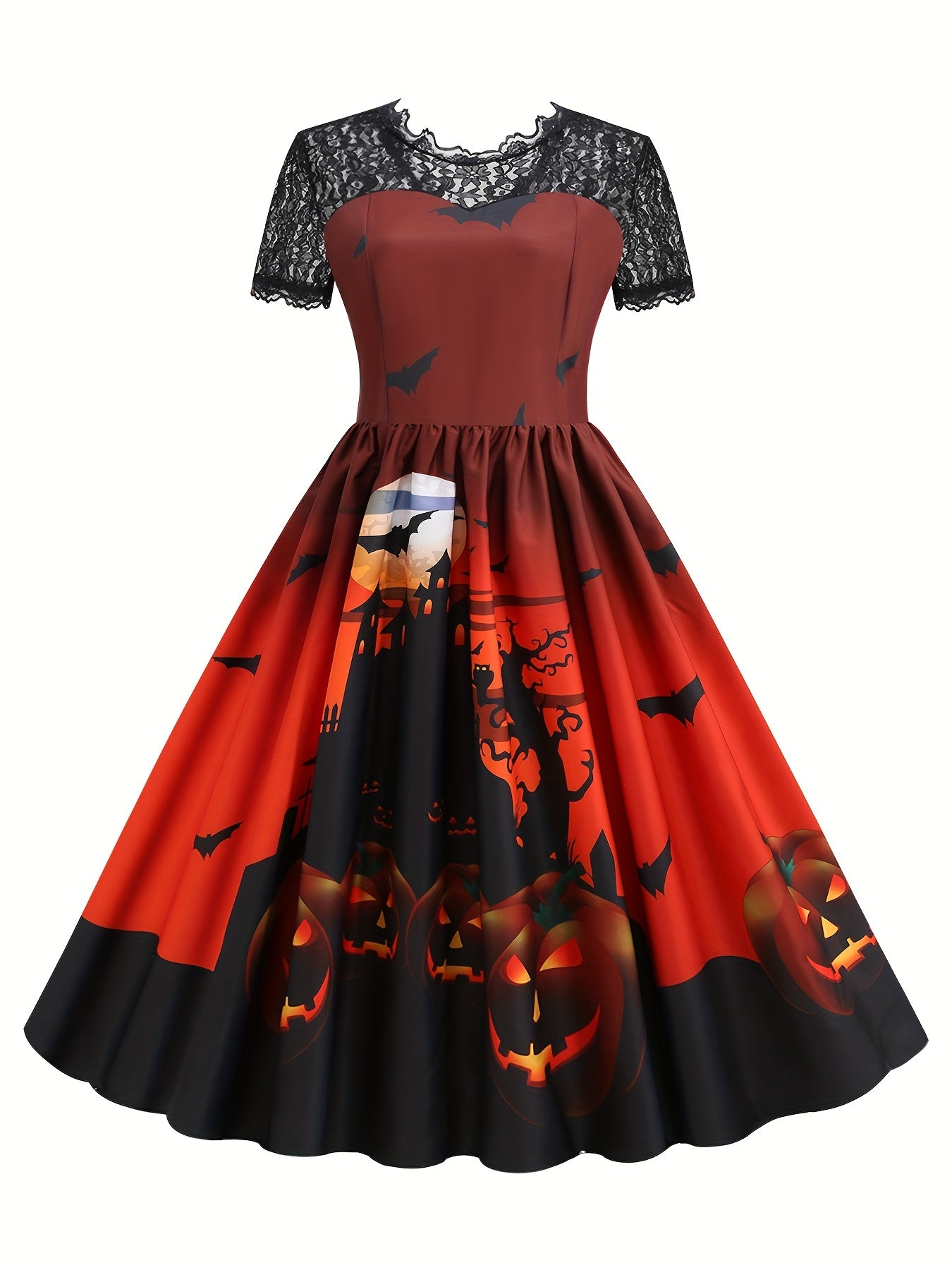 Halloween Witch & Castle Print Lace Stitching Dress, Elegant Ruffle Hem Swing Aline Dress, Women's Clothing