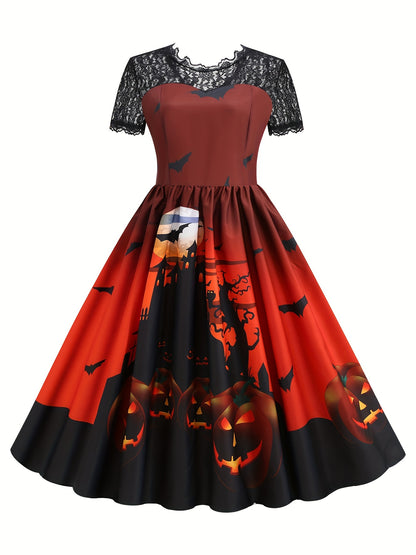 Halloween Witch & Castle Print Lace Stitching Dress, Elegant Ruffle Hem Swing Aline Dress, Women's Clothing