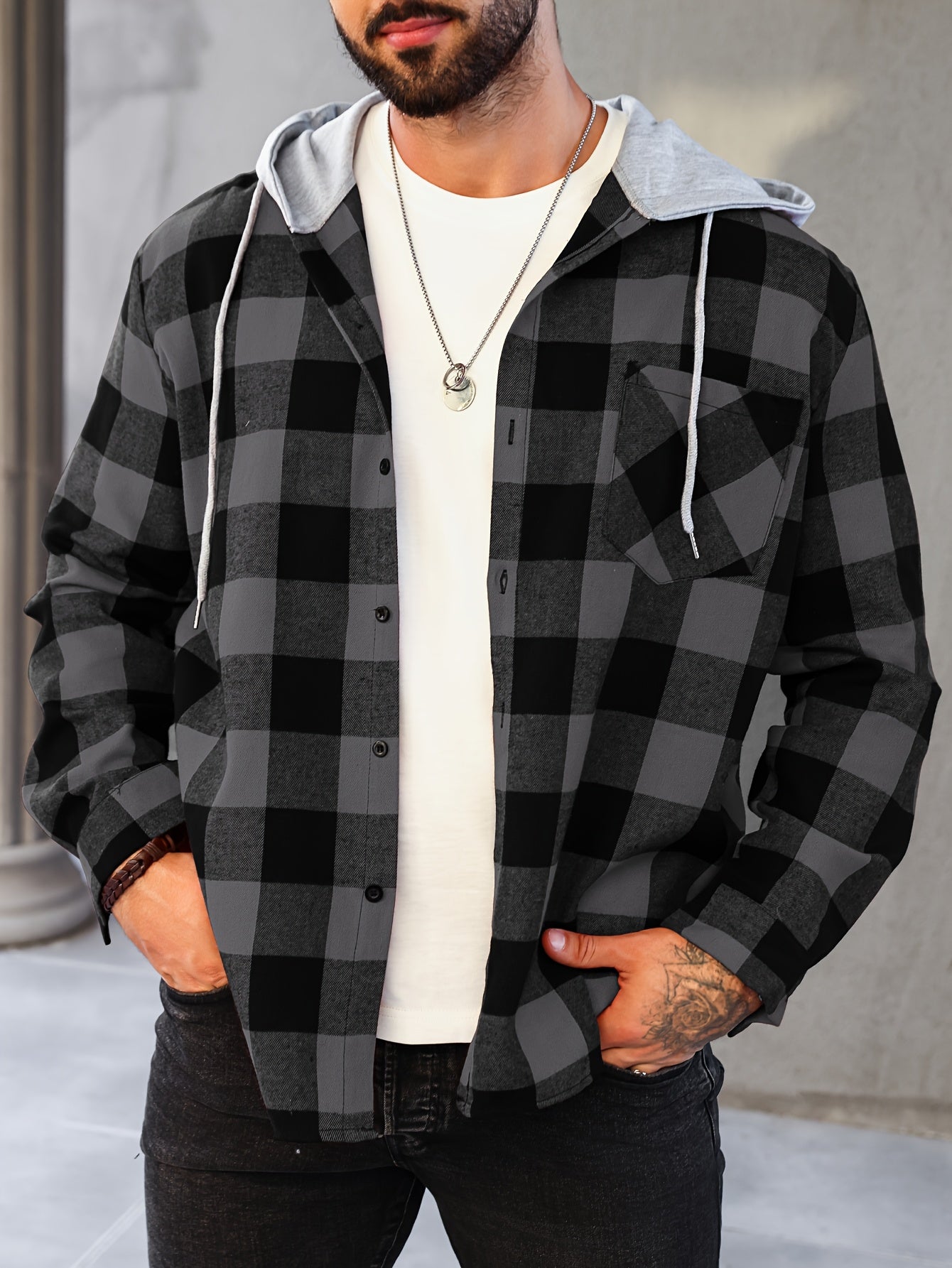 Men's Plus Size Plaid Hooded Jacket - Casual Button-Up Shirt with Pockets, Machine Washable, PLUS SIZE