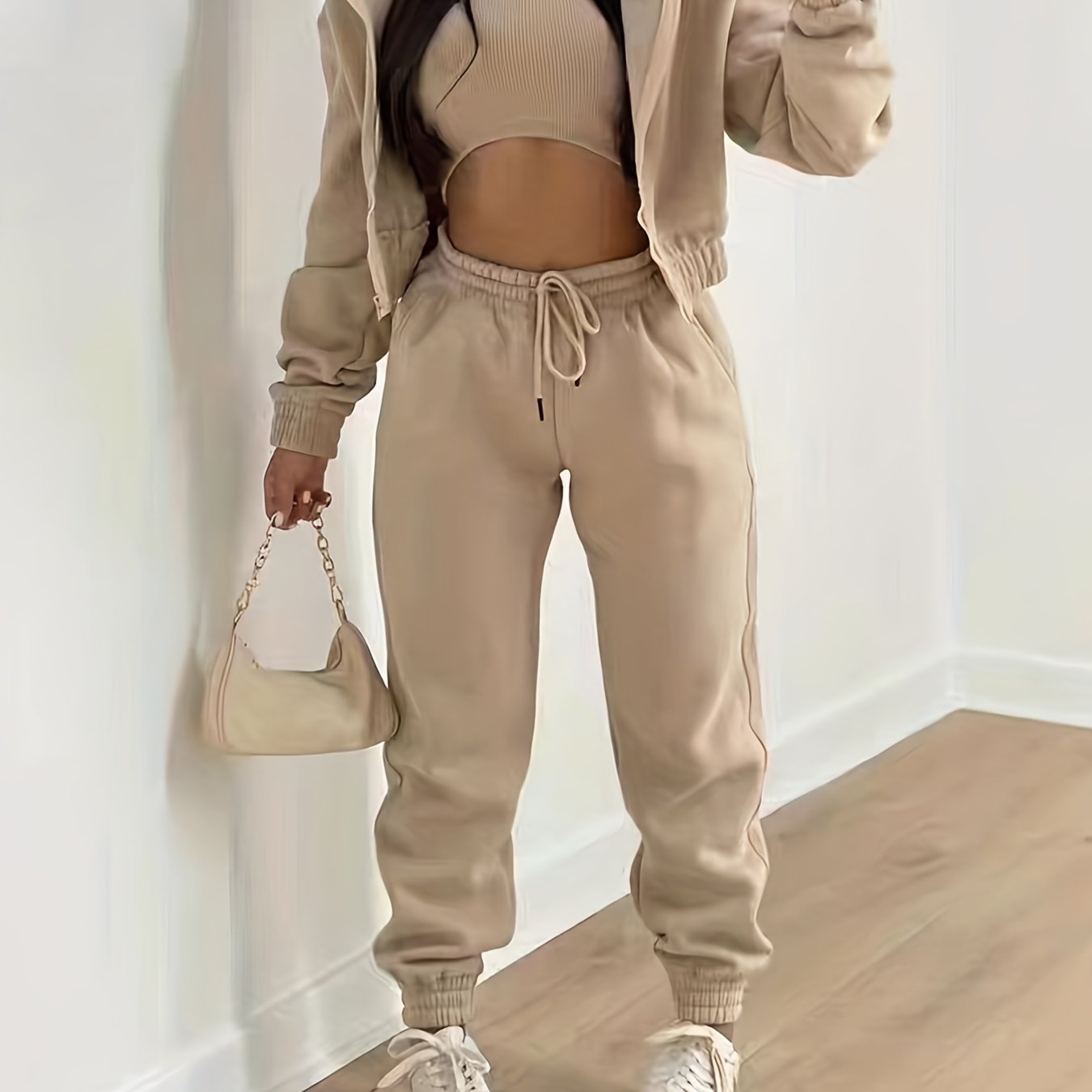 Solid Casual Three-piece Set, Zip Up Hooded Jacket & Sleeveless Crew Neck Tank Top & Drawstring Elastic Waist Jogger Pants Outfits, Women's Clothing