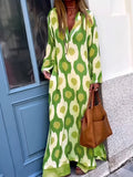 dunnmall  Graphic Print Split Dress, Vintage V Neck Long Sleeve Maxi Dress, Women's Clothing