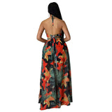 Elegant Women Floral Halter V Neck Backless Cut Out Waist Chain Sleeveless High Side Split Fit Flare Maxi Long Dresses