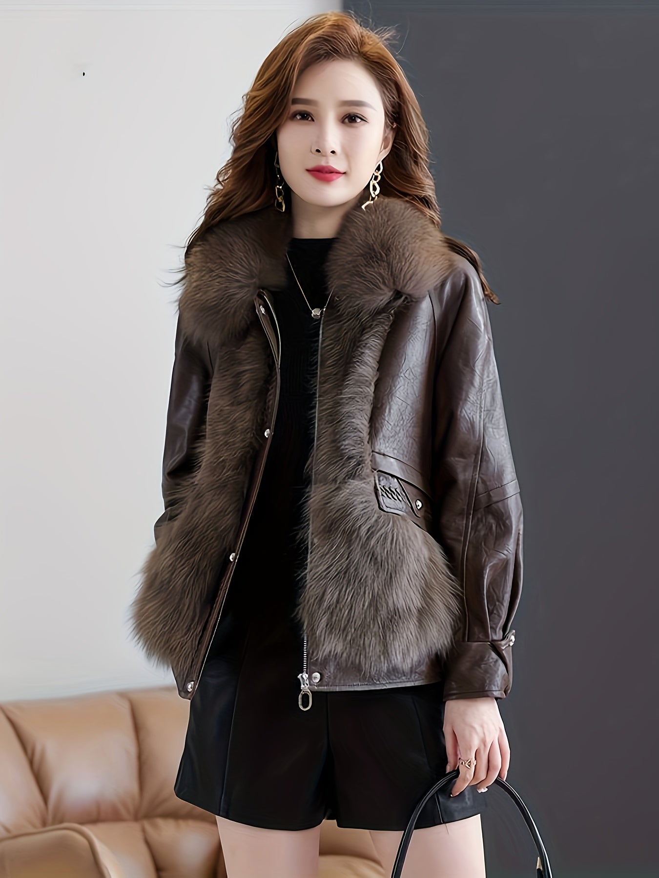 dunnmall  Faux Fur & Leather Zip-up Splicing Jacket, Casual Long Sleeve Jacket For Fall & Winter, Women's Clothing