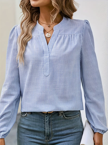 dunnmall  Stripe Print Notch Neck Blouse, Casual Long Sleeve Blouse For Spring & Fall, Women's Clothing