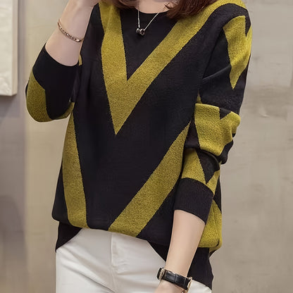 Striped Crew Neck Pullover Sweater, Casual Long Sleeve Sweater, Women's Clothing