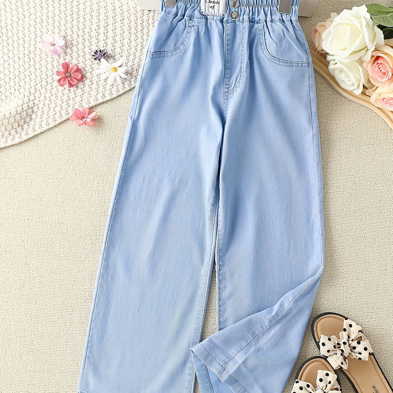 Girls Loose Casual Jeans Elastic Waist Letter Patched Button Wide Leg Denim Pants Kids Summer Clothes