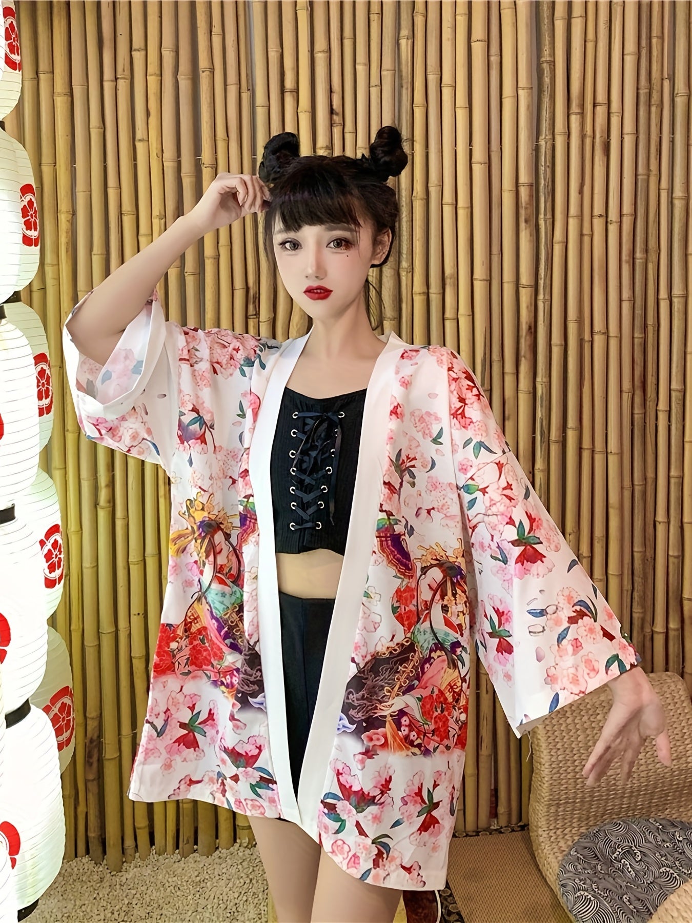 Graphic Print Open Front Kimono, Casual Cover Up Kimono For Spring & Summer, Women's Clothing