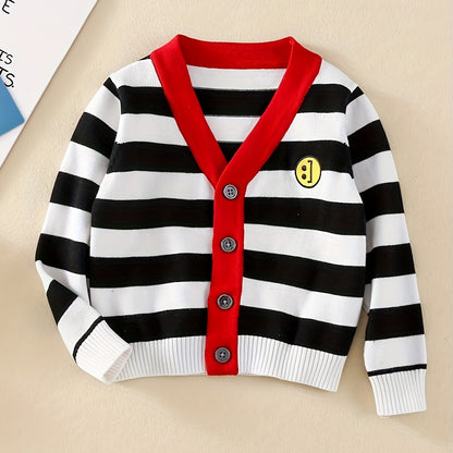 Toddler Girls Cotton 80% Knit Cardigan Sweater, Casual Striped Outerwear With Button Closure, Green & Red, V-Neck Jacket