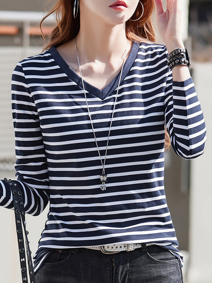 dunnmall Striped V Neck T-shirt, Casual Long Sleeve Top For Spring & Fall, Women's Clothing