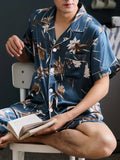 Men's Ice Silk Cool Pajamas Set For Summer, Thin Short Sleeve Leaves Flower Animal Print Graphic Button Pocket Shirt Top & Shorts Pants Bottom, Casual Fashion Cardigan Men's Loungewear Sleepwear Homewear Set