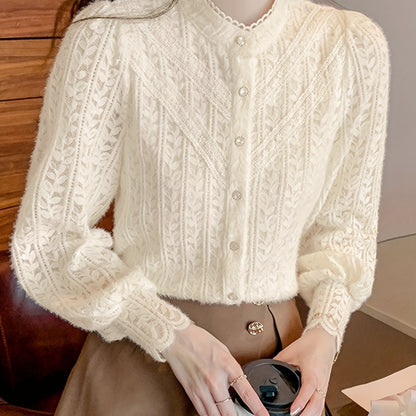 xieyinshe Button Front Textured Blouse, Chic Long Sleeve Top For Spring & Fall, Women's Clothing