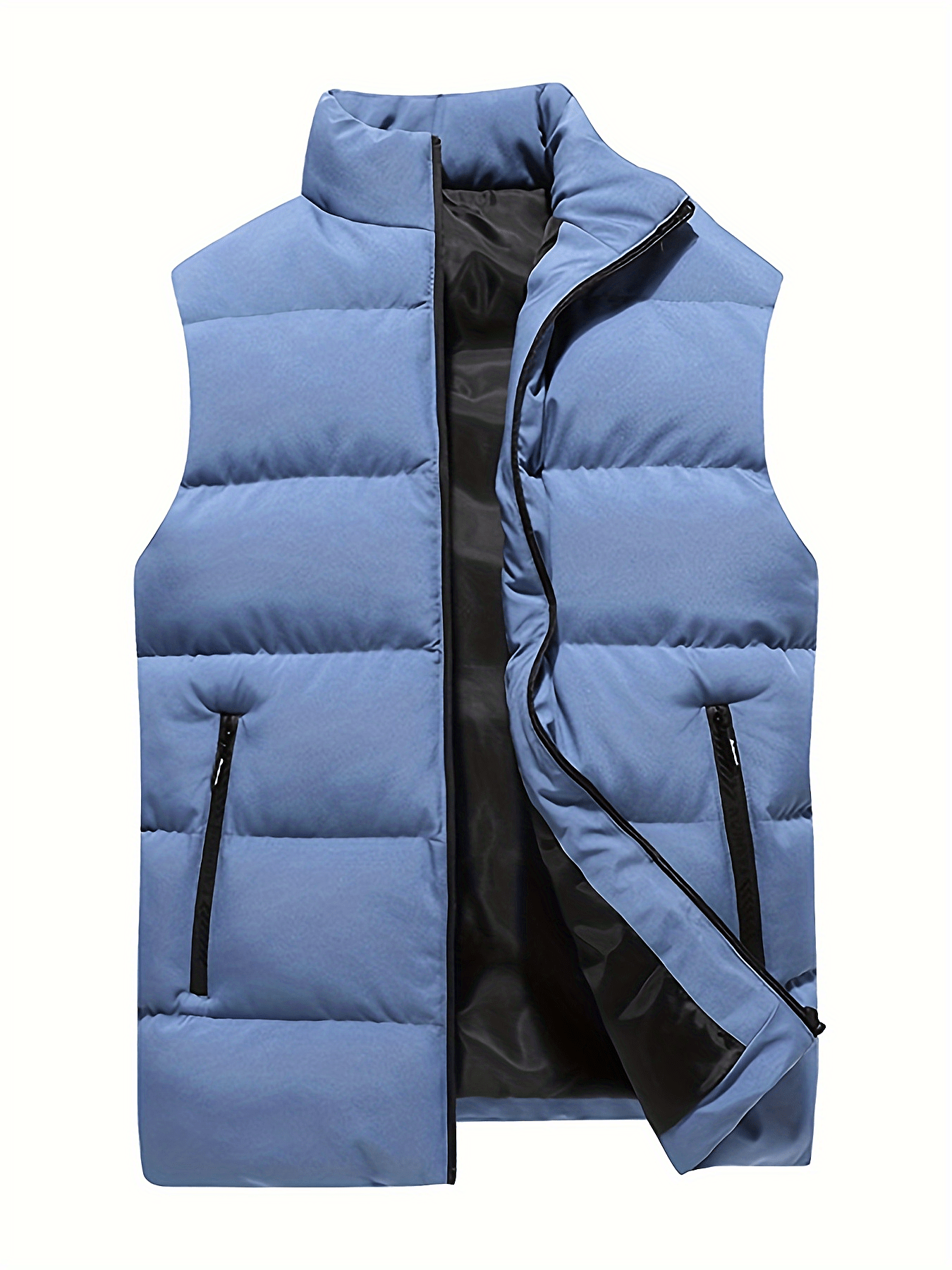 dunnmall  Warm Winter Vest, Men's Casual Zipper Pockets Stand Collar Zip Up Cotton Padded Vest For Fall Winter