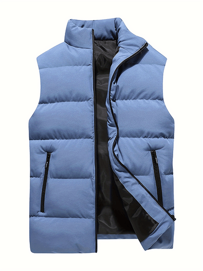 dunnmall  Warm Winter Vest, Men's Casual Zipper Pockets Stand Collar Zip Up Cotton Padded Vest For Fall Winter