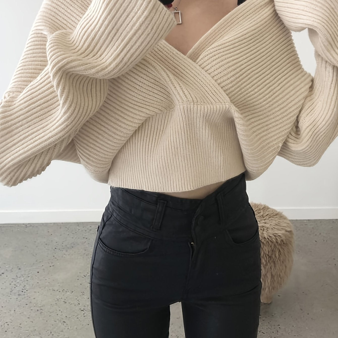 Surplice Neck Cinched Waist Sweater, Chic Long Sleeve Sweater For Fall & Winter, Women's Clothing