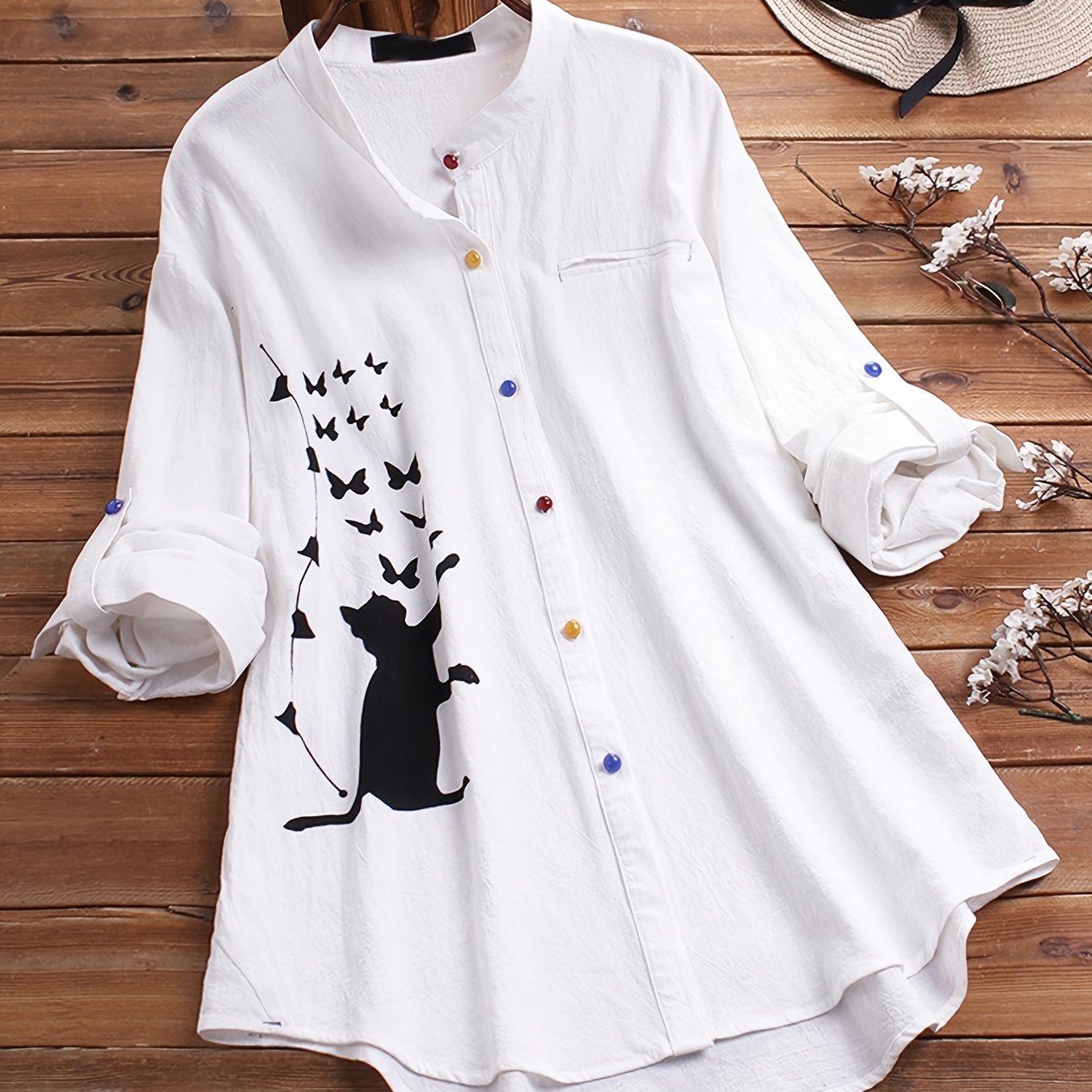 dunnmall  Cute Cat & Butterfly Print Shirt, Casual Button Front Mid Length Hem Arc Long Sleeve Shirt, Women's Clothing